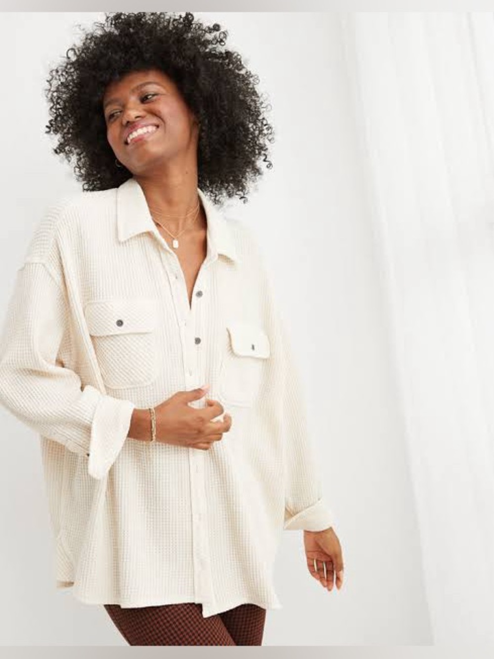 Aerie Cream Waffle Knit Oversized Button Front Shacket Shirt Jacket XL